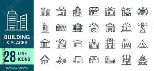 Building and places line icons, architecture, business, landmarks and real estate symbols, editable stroke