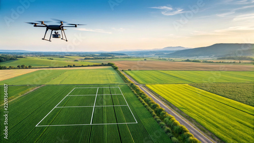 Drone flies over vast farmland, capturing data for precision agriculture and mapping