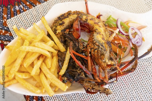 Fresh Grilled lobster served with french fries and fresh salad, gourmet seafood meal, restaurant dining, coastal cuisine, tropical destination, close up