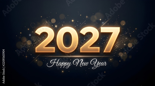 Gold 2027 numbers on a dark background with sparkling lights for new year celebration