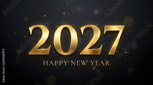 Gold 2027 text with happy new year greeting on a dark background with floating particles