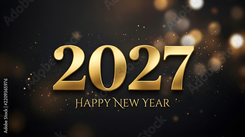 Gold 2027 text with happy new year greeting on a dark blurred bokeh background
