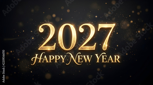 Golden 2027 happy new year text with sparkling light particles on a black background