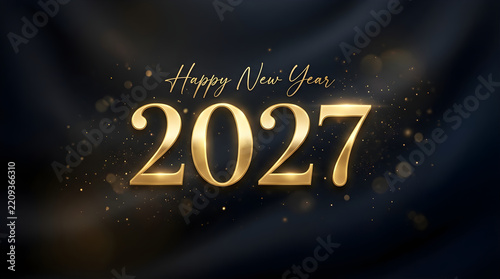 Golden 2027 text on a dark flowing fabric background for new year celebration design
