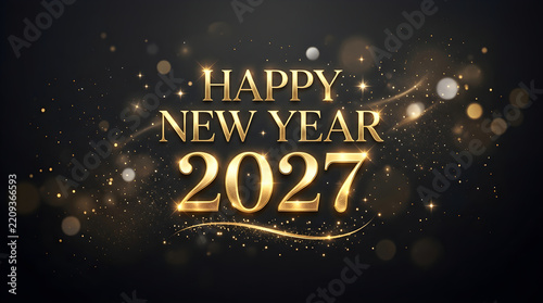 Happy new year 2027 greeting text with gold metallic lettering on a dark background