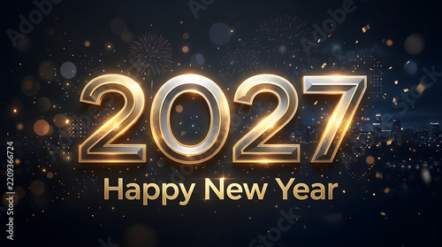 Metallic 2027 numbers with glowing gold text on a dark background for new year celebration