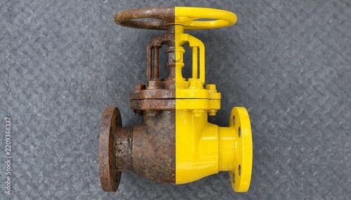Split view comparison of a rusty old industrial valve versus a new refurbished yellow valve on metal background