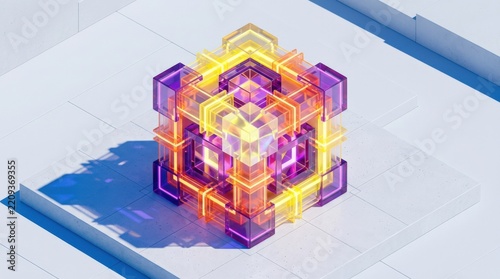 Transparent geometric cube structure rendered in glowing yellow, orange and violet materials on a pale architectural surface, isometric 3D illustration, strong blue cast shadows, clean minimal