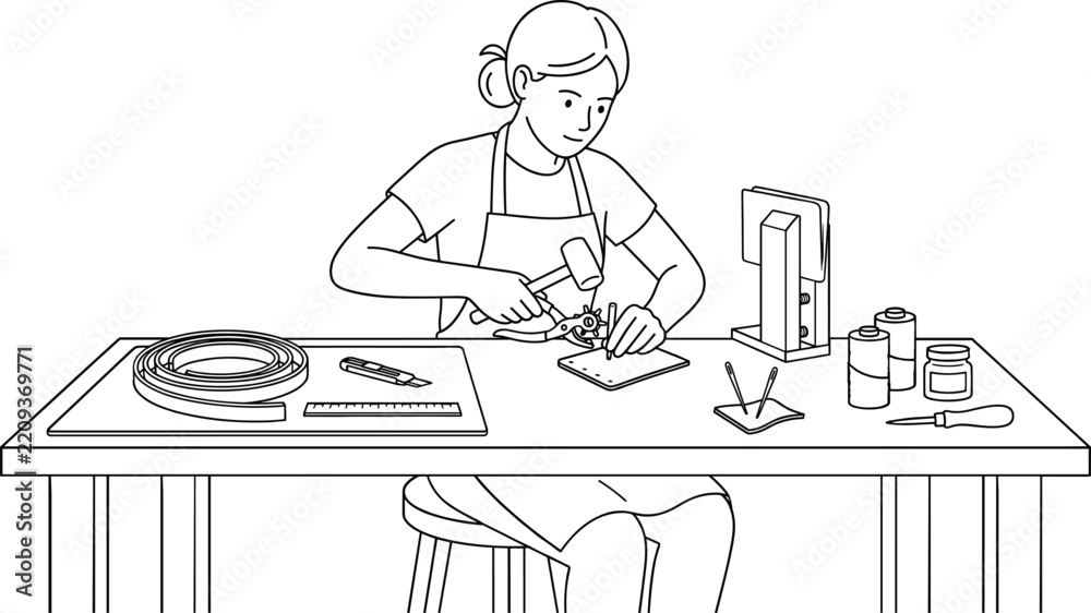 Fototapeta premium Woman crafting leather goods at her workshop desk table