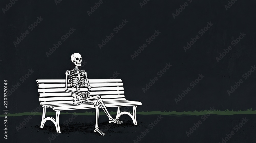Obraz premium Skeleton sitting alone on a white park bench against a charcoal backdrop with a strip of greenery, minimalist conceptual illustration, strong black-white contrast and quiet eerie atmosphere.