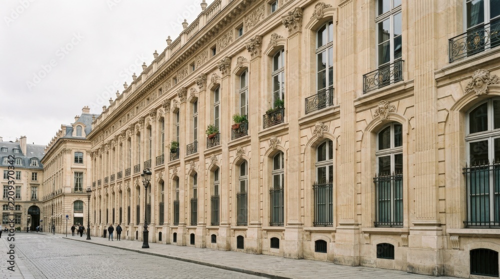 Obraz premium Elegant historic stone palace facade viewed obliquely along a city street, architectural travel photography, pale limestone ornament, rhythmic windows, soft daylight, refined European-style heritage