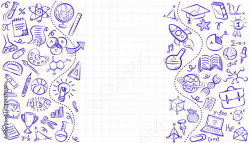 Doodle sketch school border with math formula, graduation cap and chemistry flask, representing university admission flyer, academic workshop leaflet design, and knowledge test announcement.