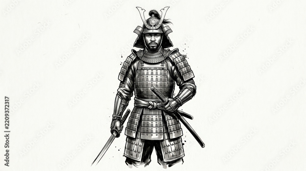 Fototapeta premium Black samurai warrior standing front-facing with sword and layered armor, monochrome ink sketch, fine detailed linework, white background, historic martial character study, dramatic restrained