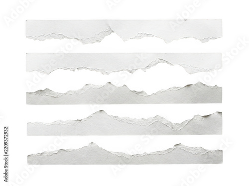 Five horizontal white paper strips with varied torn mountain peaks isolated on transparent