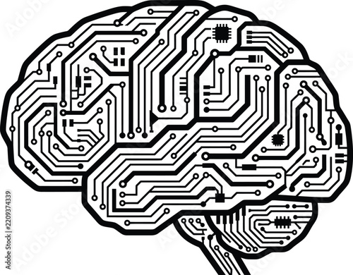 Abstract silhouette of a human brain formed by complex integrated electronic circuit board patterns