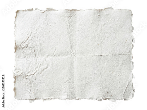 Aged folded handmade paper sheet with torn edges on transparent background