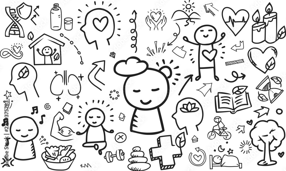 Fototapeta premium Longevity wellness and healthy living doodle horizontal banner