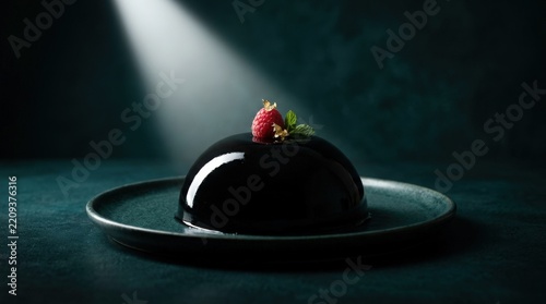 Glossy black gelatin dessert under a narrow white spotlight on a dark teal background, minimalist food photography, dramatic low-key lighting, luminous rim, refined gourmet advertising aesthetic with