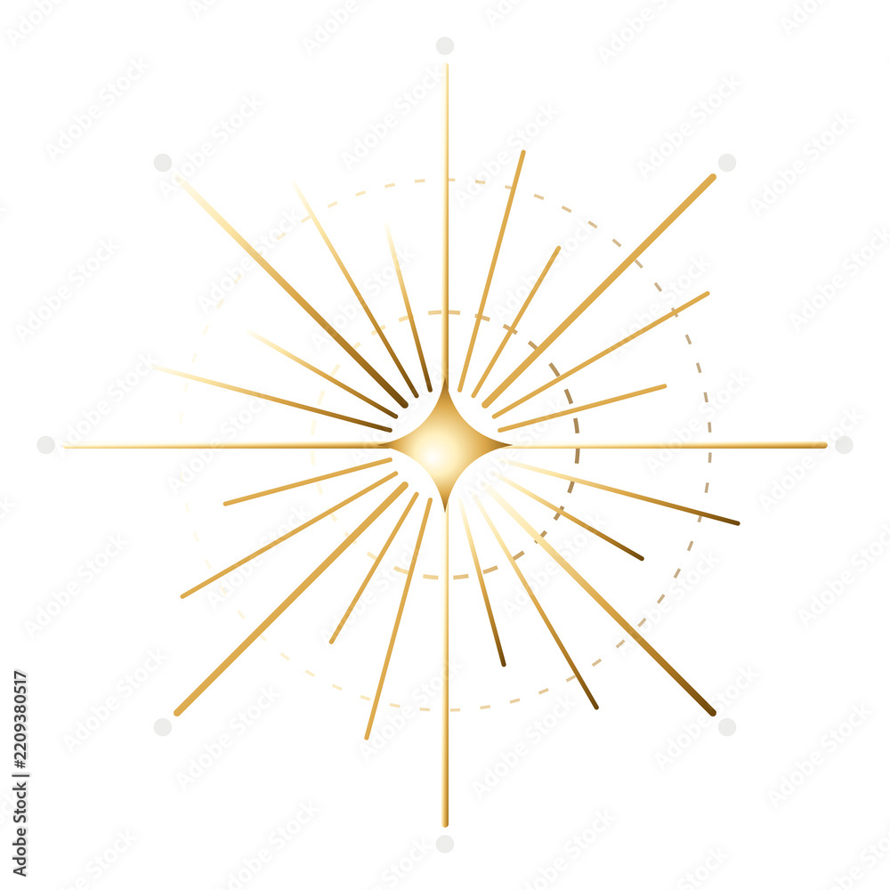 Fototapeta premium Golden star burst, vintage sunburst element with abstract celestial design, isolated on transparent background