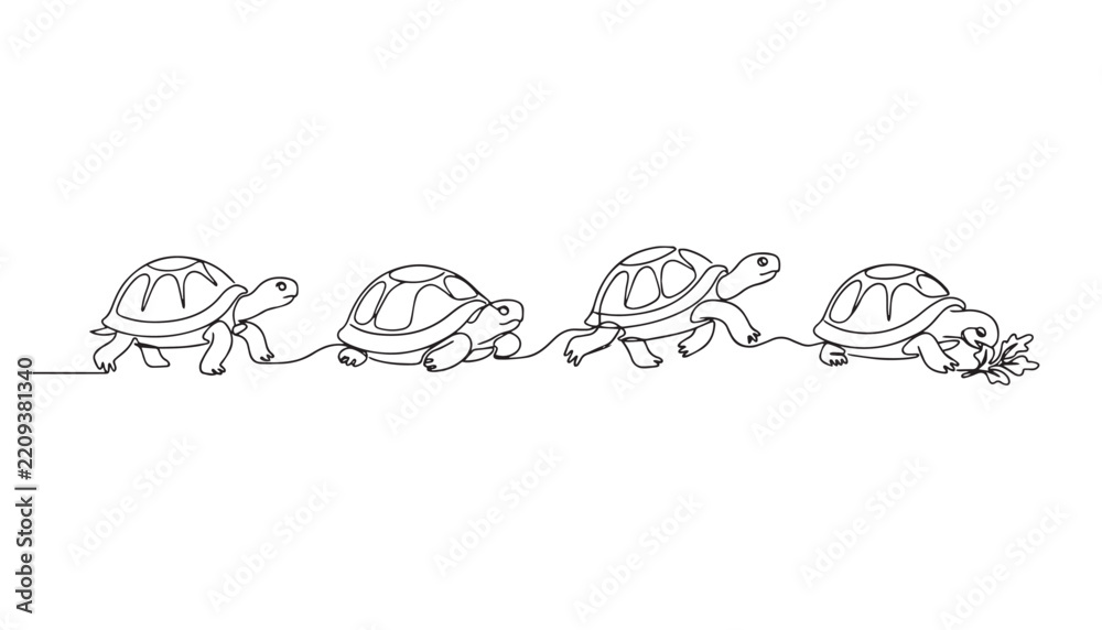 Obraz premium Continuous Simple black line art drawing set of four turtle in white background.