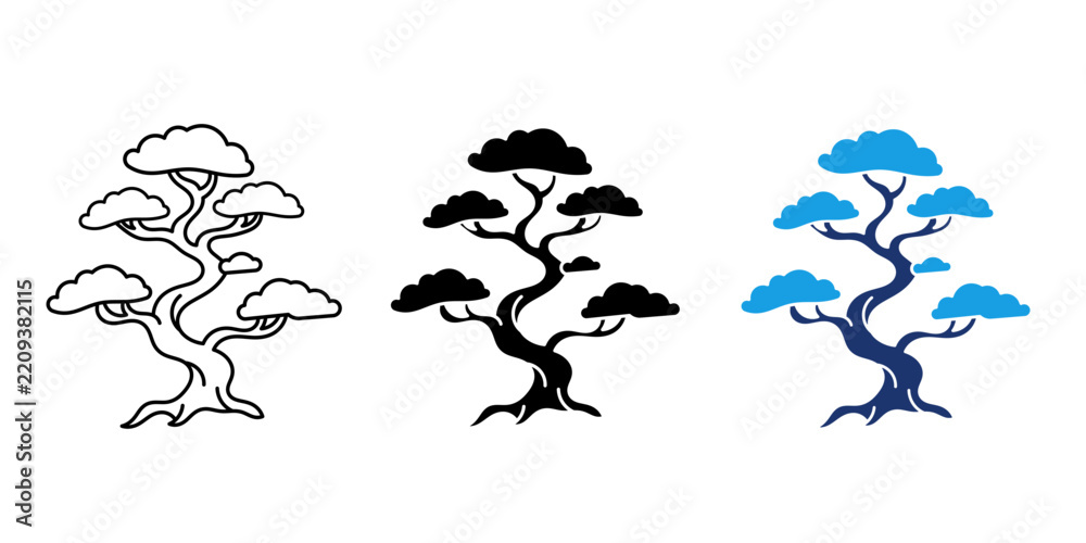 Fototapeta premiumBonsai tree icon set featuring minimalist japanese potted plant symbols in outline, glyph, and duotone style for zen, nature, and UI design applications.