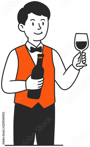 Sommelier Holding Wine Bottle and Glass Illustration