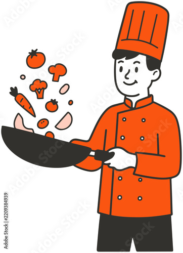 Chef Stir Frying Fresh Vegetables in Pan Illustration