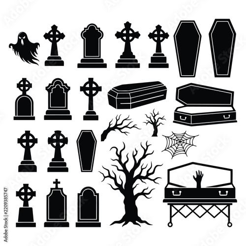 Halloween Silhouette Elements Vector Set. Coffin, Graveyard, Spooky Pumpkin, Witch, Witch Hat