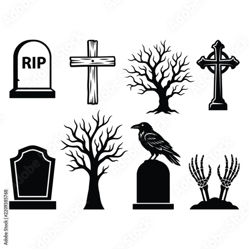 Halloween Silhouette Elements Vector Set. Coffin, Graveyard, Spooky Pumpkin, Witch, Witch Hat