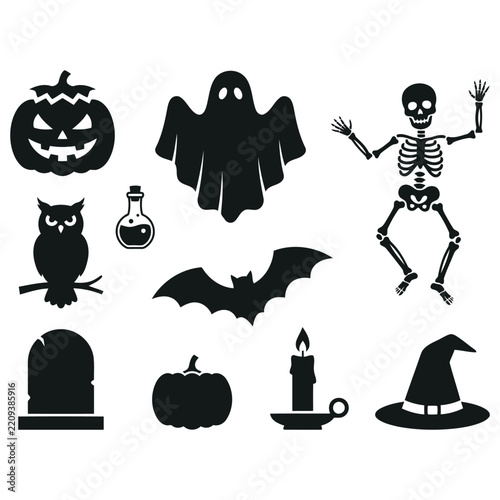 Halloween Silhouette Elements Vector Set. Coffin, Graveyard, Spooky Pumpkin, Witch, Witch Hat