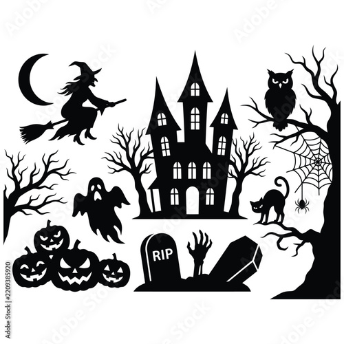 Halloween Silhouette Elements Vector Set. Coffin, Graveyard, Spooky Pumpkin, Witch, Witch Hat
