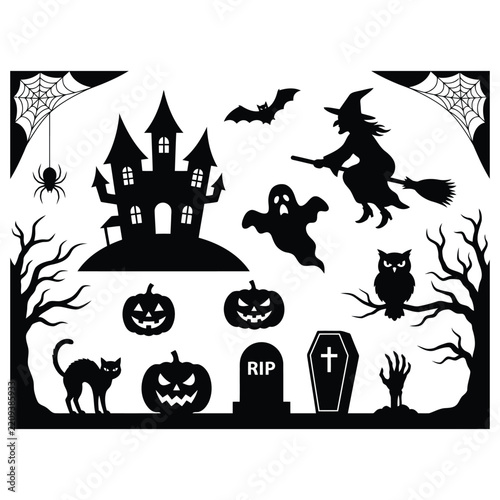 Halloween Silhouette Elements Vector Set. Coffin, Graveyard, Spooky Pumpkin, Witch, Witch Hat