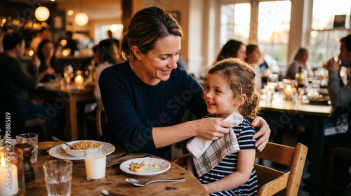 Mother and daughter enjoying a meal together at a restaurant with warm lighting