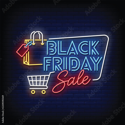 Black Friday Sale neon sign text with shopping bag, price tag, and shopping cart icons on dark brick wall background for promotion, commercial, and discount banner