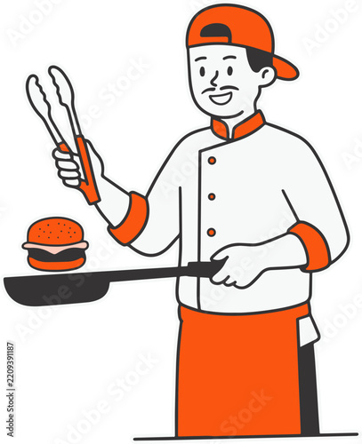 Burger Chef Holding Tongs and Frying Pan Illustration