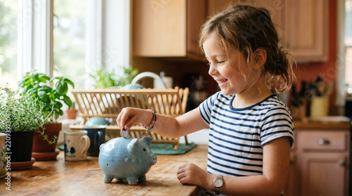 Young girl happily saving money in a piggy bank at home