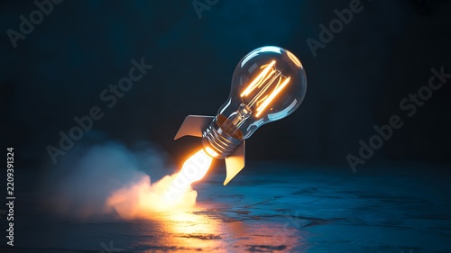 Innovative Light Bulb Rocket Taking Flight Representing Creative Startup Success and Bright Business Ideas