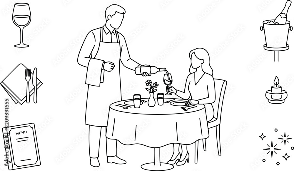 Fototapeta premium Restaurant dining experience and fine service line art vector illustration collection with waiter pouring wine for a woman