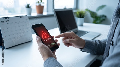 Person holding a smartphone displaying a spam risk warning while sitting at an office desk workspace with person holds
