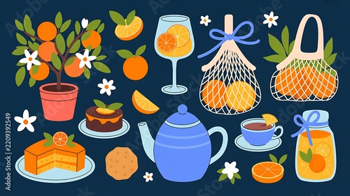 Assorted Orange Fruit Illustrations Featuring Potted Trees Citrus Desserts and Refreshing Drinks on a Dark Blue Background