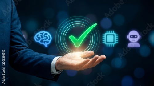 A businessman holds a glowing checkmark with icons for AI, technology, and success.