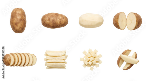 Fresh raw potatoes whole peeled sliced and crinkle cut isolated on white background for culinary recipe grocery menu