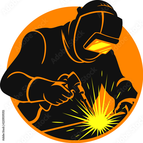 Welder in a mask and a shower of sparks