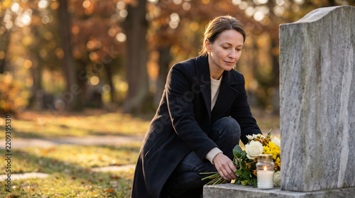 Woman placing flowers and a candle at a grave in an autumn cemetery. Commemoration of the Faithful Departed  