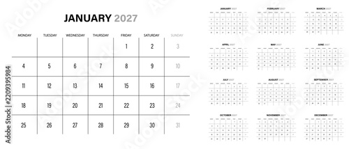 set calendar 2027 modern design page with mini yearly calendar view
