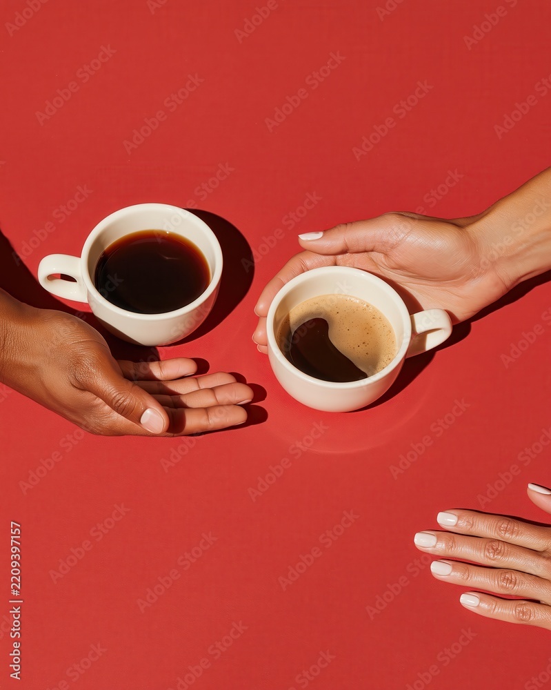 Obraz premium Two hands holding coffee cups directly shot from above on vibrant red background for advertising