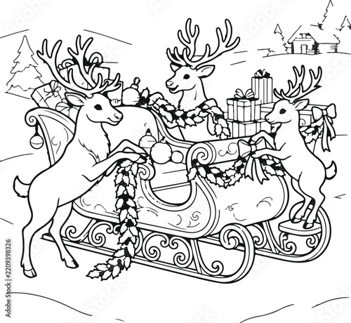 Christmas reindeer and sleigh with presents vector coloring page