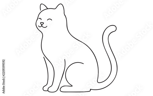 Cute sitting cat line art drawing with a happy smiling face for kids coloring book page or simple graphic design