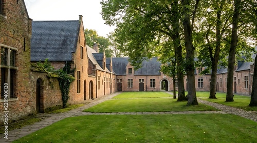 Discover the serene beauty of a historic European courtyard, encompassed by classic brick architecture and venerable trees, a tranquil sanctuary frozen in time