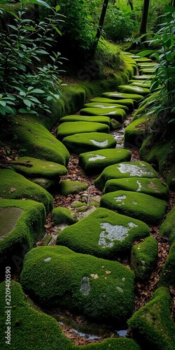 Winding moss-covered stones form a lush pathway amidst verdant foliage, peaceful, hardscaping